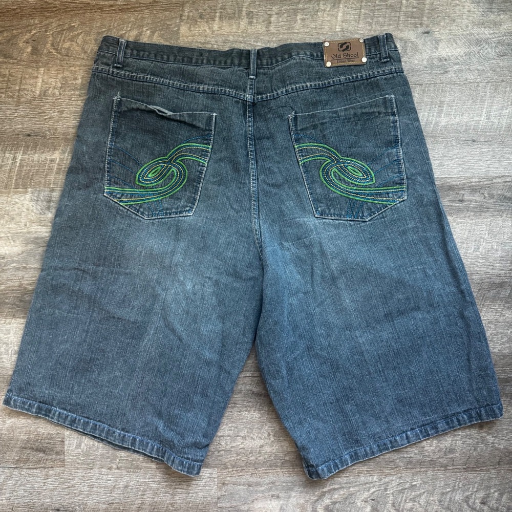 Old Skool Y2K Jean Shorts 48  Dark Wash Embroidered Baggy Hip Hop Streetwear